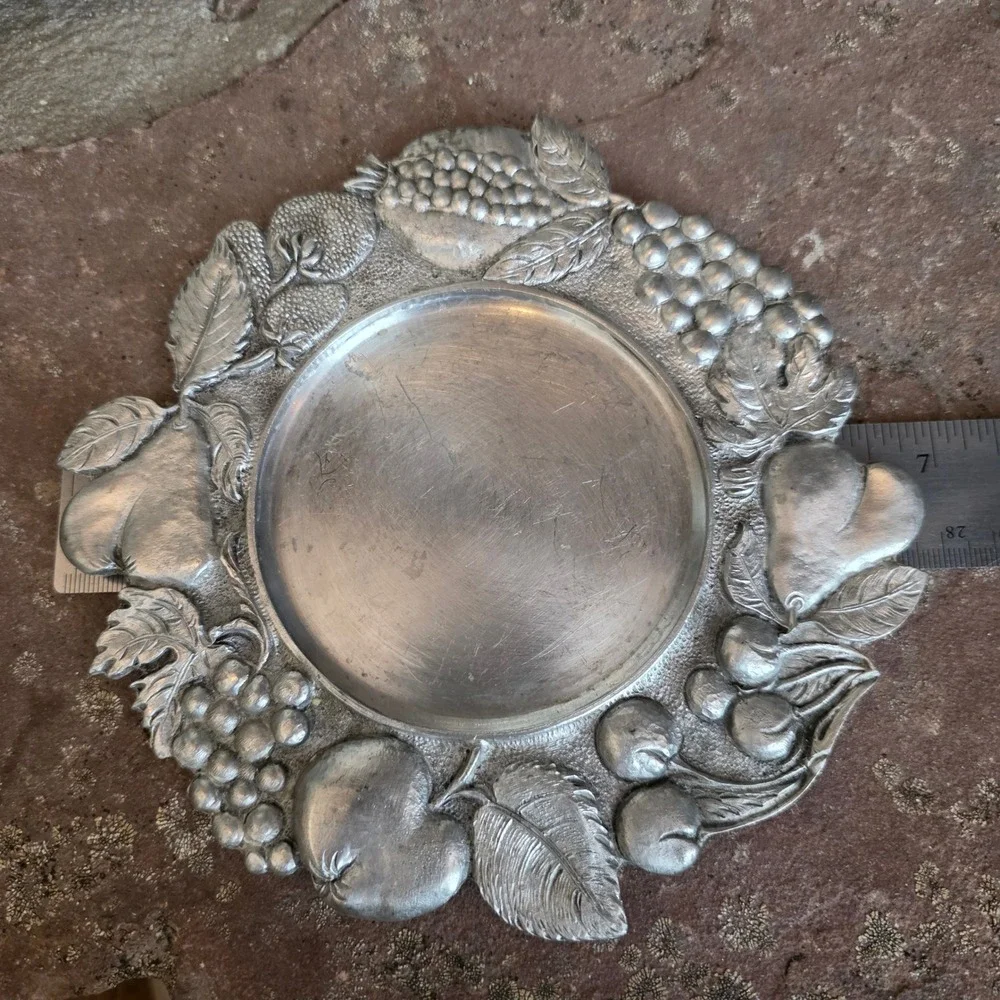 Vintage Italian Pewter Wine Bottle Coaster Embossed Fruit Harvest Made in Italy